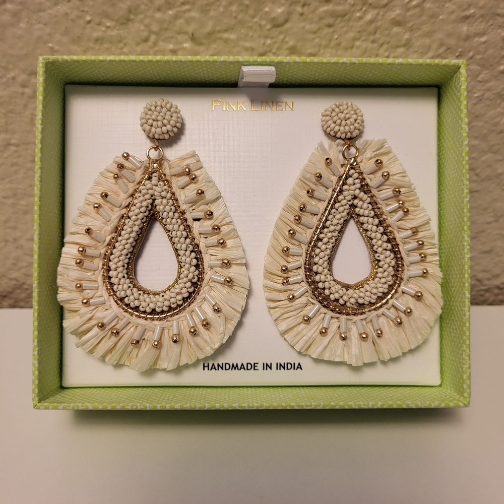 NWT Pink Linen Off White & Gold Earrings